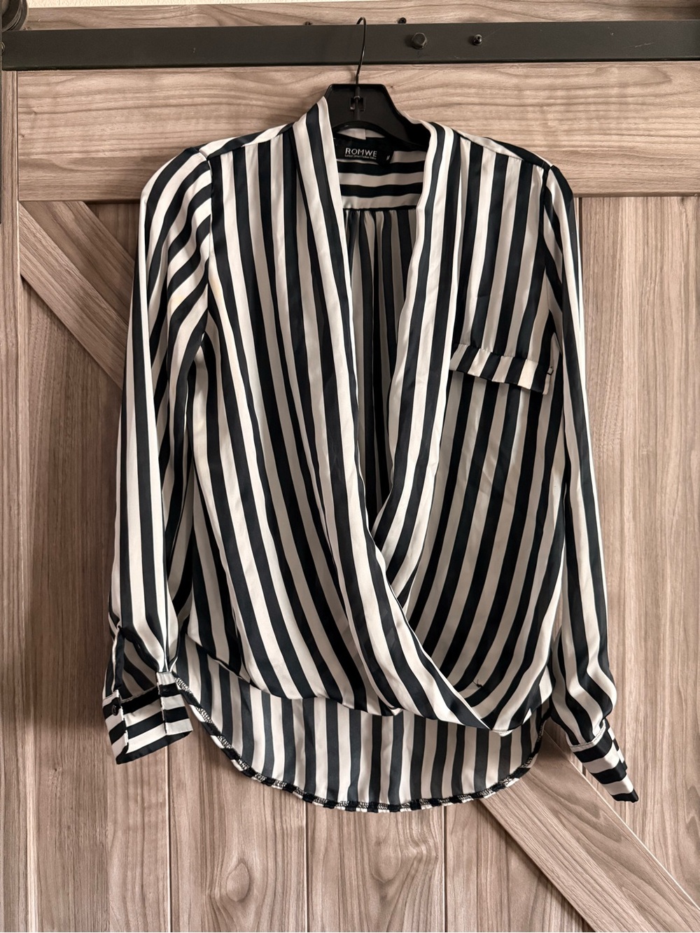 ROMWE Black and White Vertical Stripe Wrap Blouse